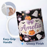 Personalized Custom Name Cute Halloween Ghost Bat Candy Pumpkin Seamless Pattern White Lovely 11oz Ceramic Coffee Tea Mug White Large Handle