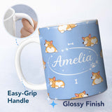 Personalized Custom Name Cute Cartoon Corgi Dogs Bone Blue Background Seamless Pattern Lovely 11oz Ceramic Coffee Tea Mug White Large Handle