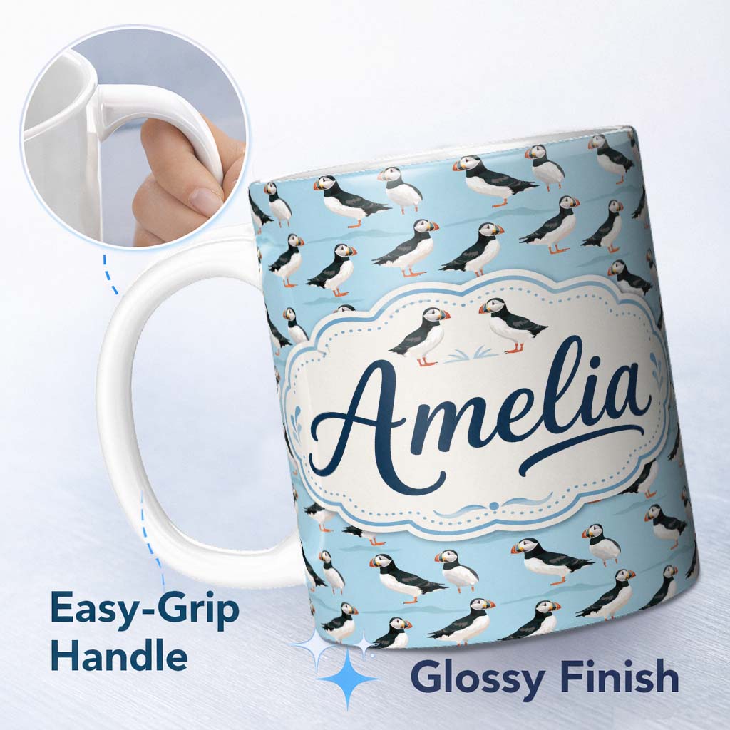 Personalized Custom Name Minimal Puffin Bird Pattern Clean Blue Background Seamless Design 11oz Ceramic Coffee Tea Mug White Large Handle