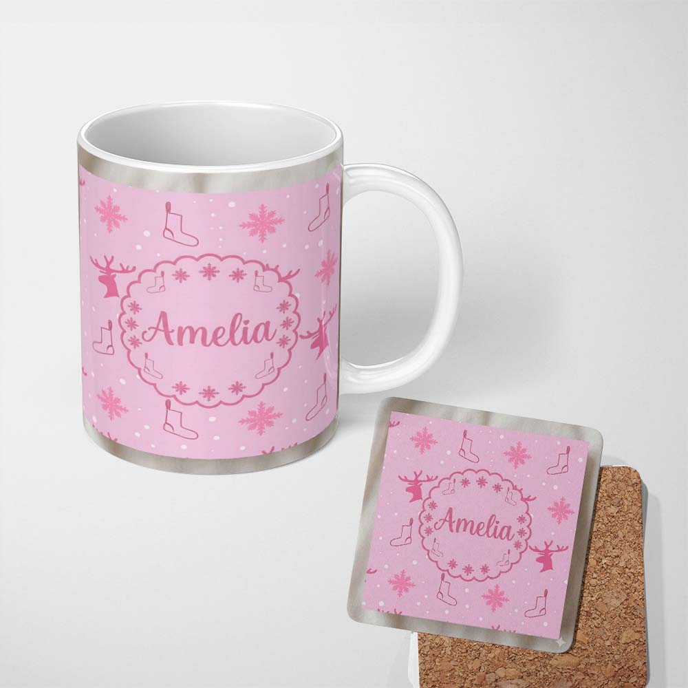 Personalized Custom Name Cute Reindeer Snowflake Christmas Stocking Pink Seamless Pattern 11oz Ceramic Coffee Tea Mug White Large Handle