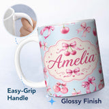 Personalized Custom Name Watercolor Cherry Bow Ribbon Pastel Blue Background Seamless Pattern 11oz Ceramic Coffee Tea Mug White Large Handle