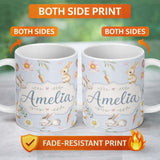 Personalized Custom Name Cute Easter Bunnies with Flowers Carrots Soft Blue Background 11oz Ceramic Coffee Tea Mug White Large Handle