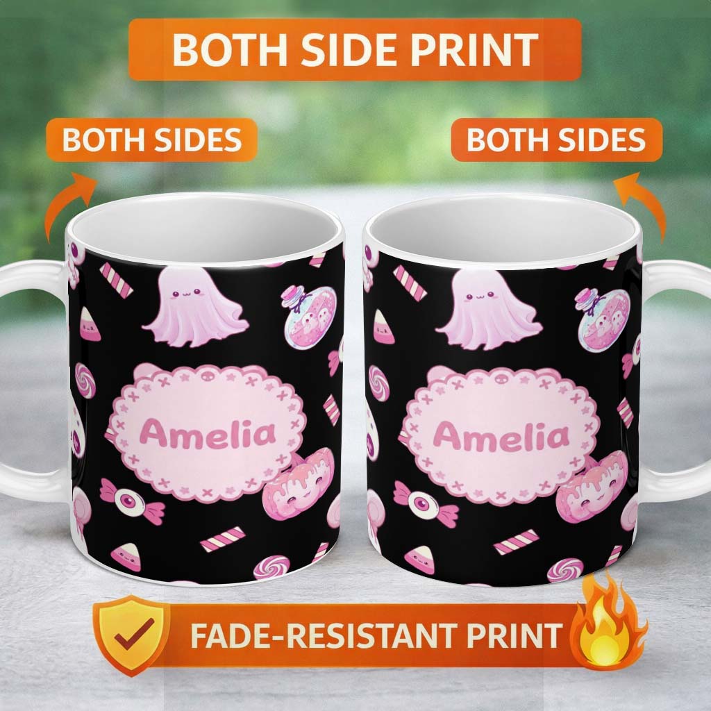 Personalized Custom Name Cute Pastel Goth Bunny Ghost Pumpkin Candy Pattern Soft Grey Lovely 11oz Ceramic Coffee Tea Mug White Large Handle