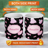 Personalized Custom Name Cute Pastel Goth Bunny Ghost Pumpkin Candy Pattern Soft Grey Lovely 11oz Ceramic Coffee Tea Mug White Large Handle