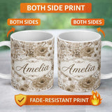 Personalized Custom Name Vintage Sepia Floral Bouquet Seamless Pattern with Roses Peonies and 11oz Ceramic Coffee Tea Mug White Large Handle