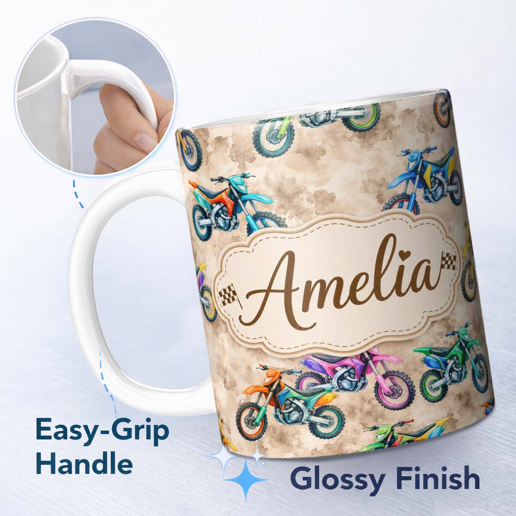 Personalized Custom Name Colorful Kids Dirt Bike Motocross Seamless Pattern on Beige Lovely 11oz Ceramic Coffee Tea Mug White Large Handle