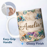 Personalized Custom Name Colorful Kids Dirt Bike Motocross Seamless Pattern on Beige Lovely 11oz Ceramic Coffee Tea Mug White Large Handle