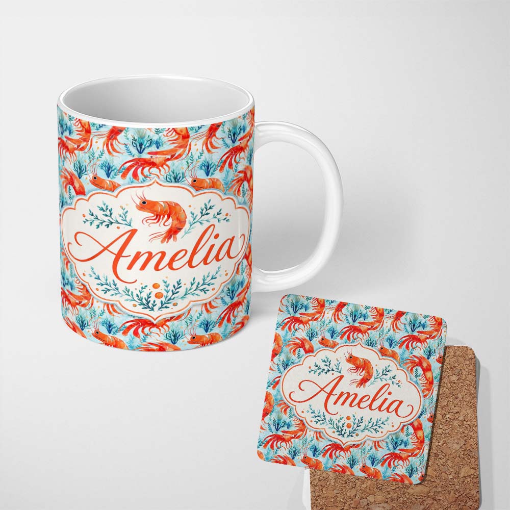 Personalized Custom Name Cute LShrimp with Seaweed Botanical Design Seamless Pattern Lovely 11oz Ceramic Coffee Tea Mug White Large Handle
