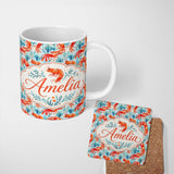 Personalized Custom Name Cute LShrimp with Seaweed Botanical Design Seamless Pattern Lovely 11oz Ceramic Coffee Tea Mug White Large Handle