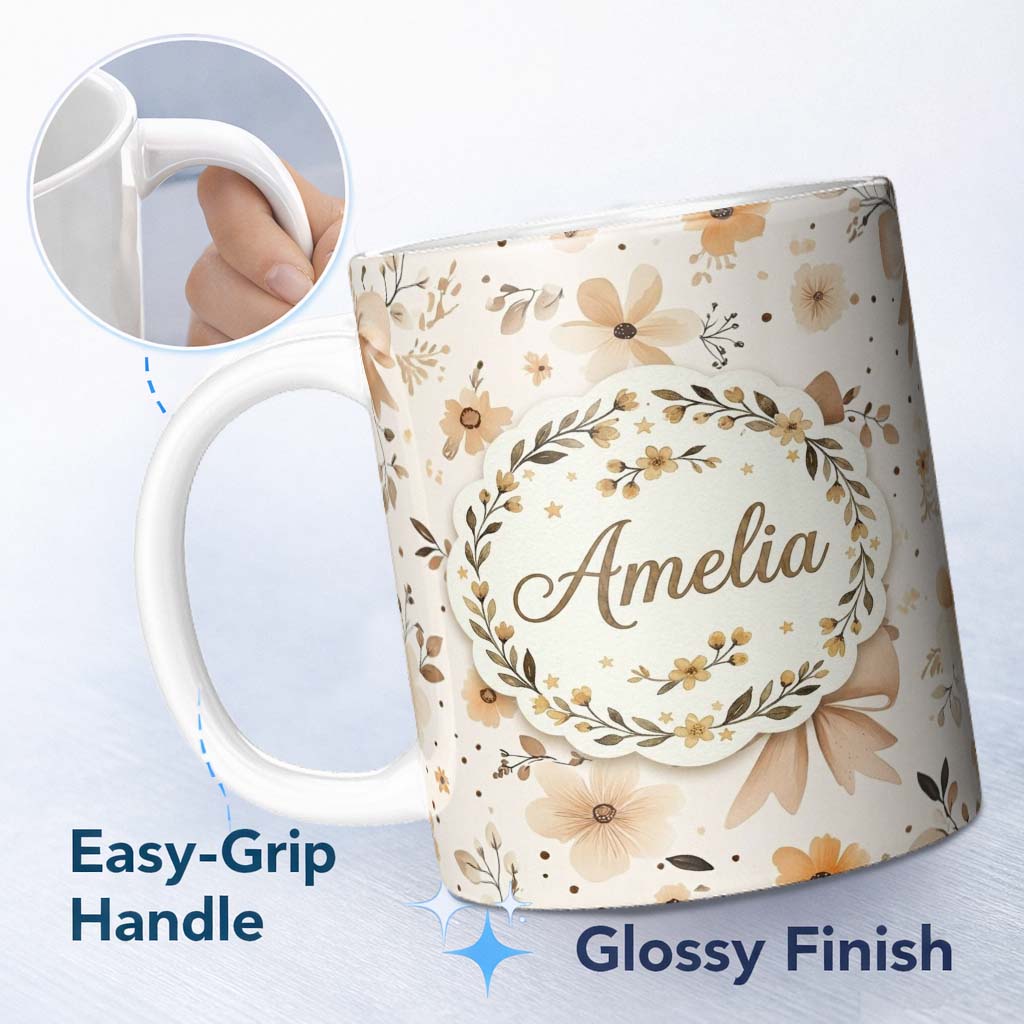Personalized Custom Name Elegant Neutral Floral Bows with Soft Botanical Elements Seamless 11oz Ceramic Coffee Tea Mug White Large Handle