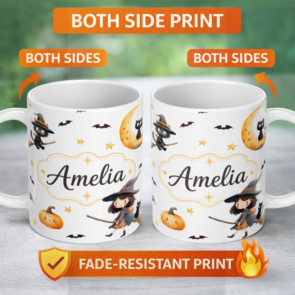 Personalized Custom Name Halloween Witch Girl with Black Cats Moon and Stars Light Grey 11oz Ceramic Coffee Tea Mug White Large Handle
