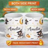 Personalized Custom Name Halloween Witch Girl with Black Cats Moon and Stars Light Grey 11oz Ceramic Coffee Tea Mug White Large Handle