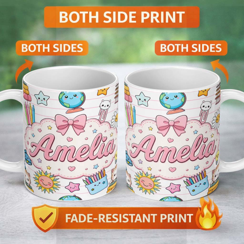 Personalized Custom Name Cute Kawaii School Cat Books Stationery Seamless Pattern Pink Lines 11oz Ceramic Coffee Tea Mug White Large Handle