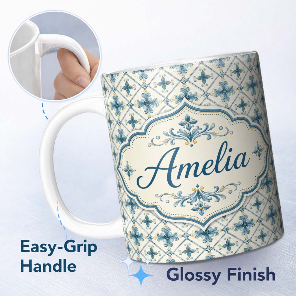 Personalized Custom Name Pale Blue and Cream Traditional Tile Pattern with Floral Medallion 11oz Ceramic Coffee Tea Mug White Large Handle