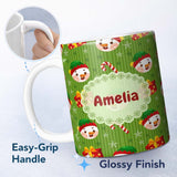 Personalized Custom Name Cute Snowman Candy Cane Gift Box Seamless Pattern Festive Winter 11oz Ceramic Coffee Tea Mug White Large Handle