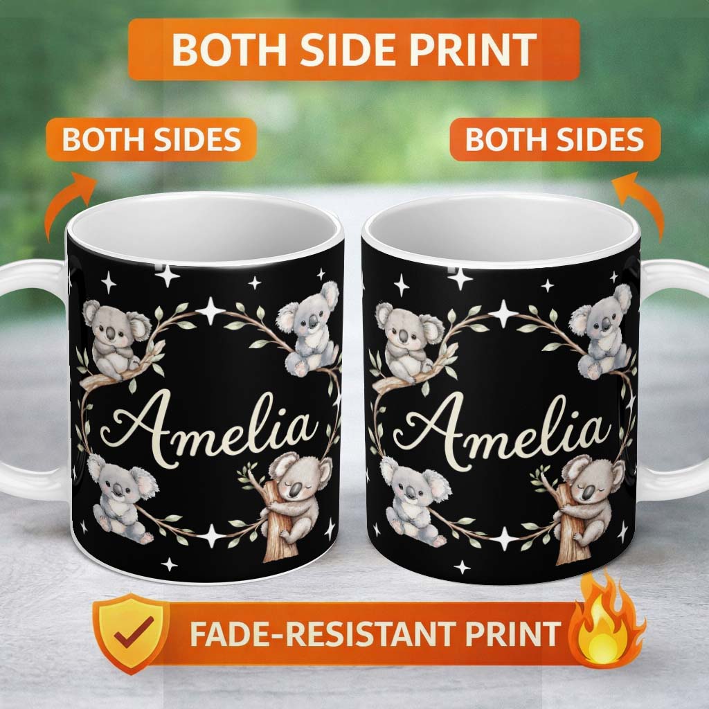 Personalized Custom Name Cute Cartoon Koala Bears with Stars on Soft Grey Background Seamless 11oz Ceramic Coffee Tea Mug White Large Handle