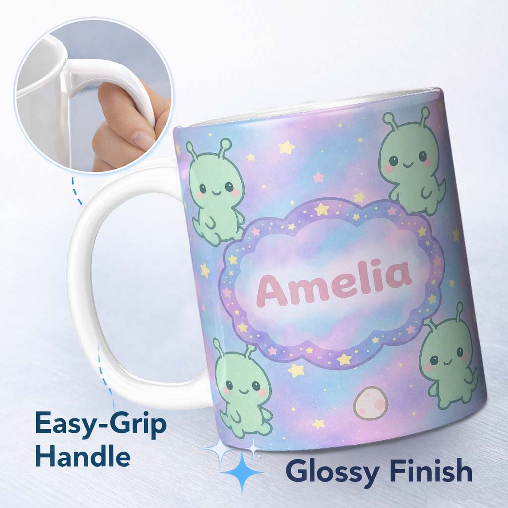 Personalized Custom Name Cute Alien Space Cartoon Animal Pattern Cute Unique Gift Lovely 11oz Ceramic Coffee Tea Mug White Large Handle