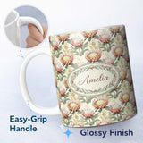 Personalized Custom Name Soft Watercolor Protea and Leaf Sprigs Seamless Pattern Lovely 11oz Ceramic Coffee Tea Mug White Large Handle