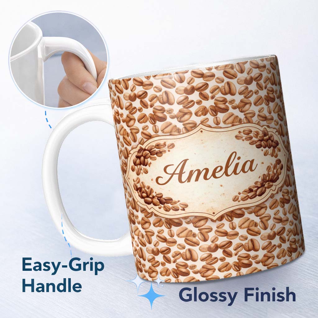 Personalized Custom Name Realistic Roasted Coffee Beans Scatter Seamless Pattern Lovely 11oz Ceramic Coffee Tea Mug White Large Handle