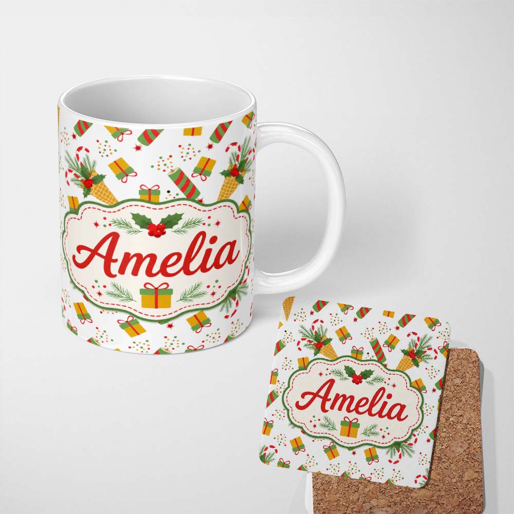 Personalized Custom Name Christmas Candy Cane Ice Cream Cone Holly Gift Seamless Pattern 11oz Ceramic Coffee Tea Mug White Large Handle
