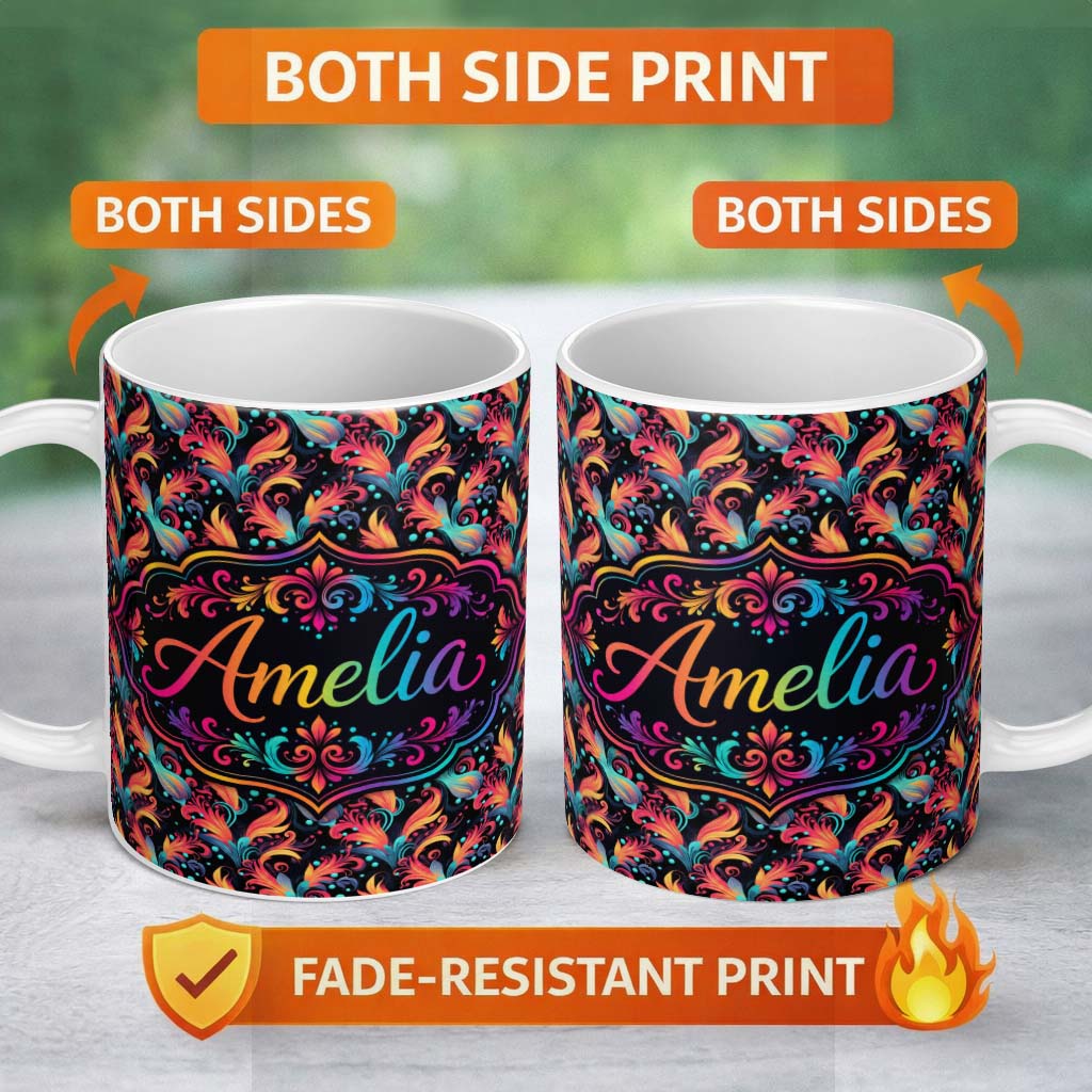 Personalized Custom Name Colorful Abstract Feather Swirl Seamless Pattern on Dark Background 11oz Ceramic Coffee Tea Mug White Large Handle