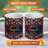 Personalized Custom Name Colorful Abstract Feather Swirl Seamless Pattern on Dark Background 11oz Ceramic Coffee Tea Mug White Large Handle