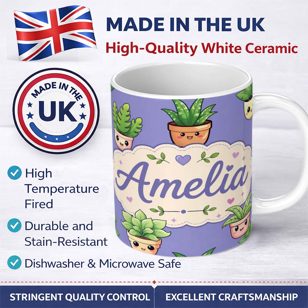 Personalized Custom Name Cute Kawaii Smiling Plant Pots Leaves Seamless Pattern Purple Lovely 11oz Ceramic Coffee Tea Mug White Large Handle