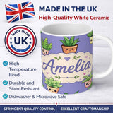 Personalized Custom Name Cute Kawaii Smiling Plant Pots Leaves Seamless Pattern Purple Lovely 11oz Ceramic Coffee Tea Mug White Large Handle