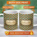 Personalized Custom Name Geometric Fan Pattern Teal Orange Symmetrical Seamless Design Lovely 11oz Ceramic Coffee Tea Mug White Large Handle