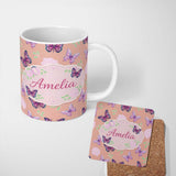 Personalized Custom Name Pink Purple Butterfly Floral Yellow Background Seamless Pattern 11oz Ceramic Coffee Tea Mug White Large Handle