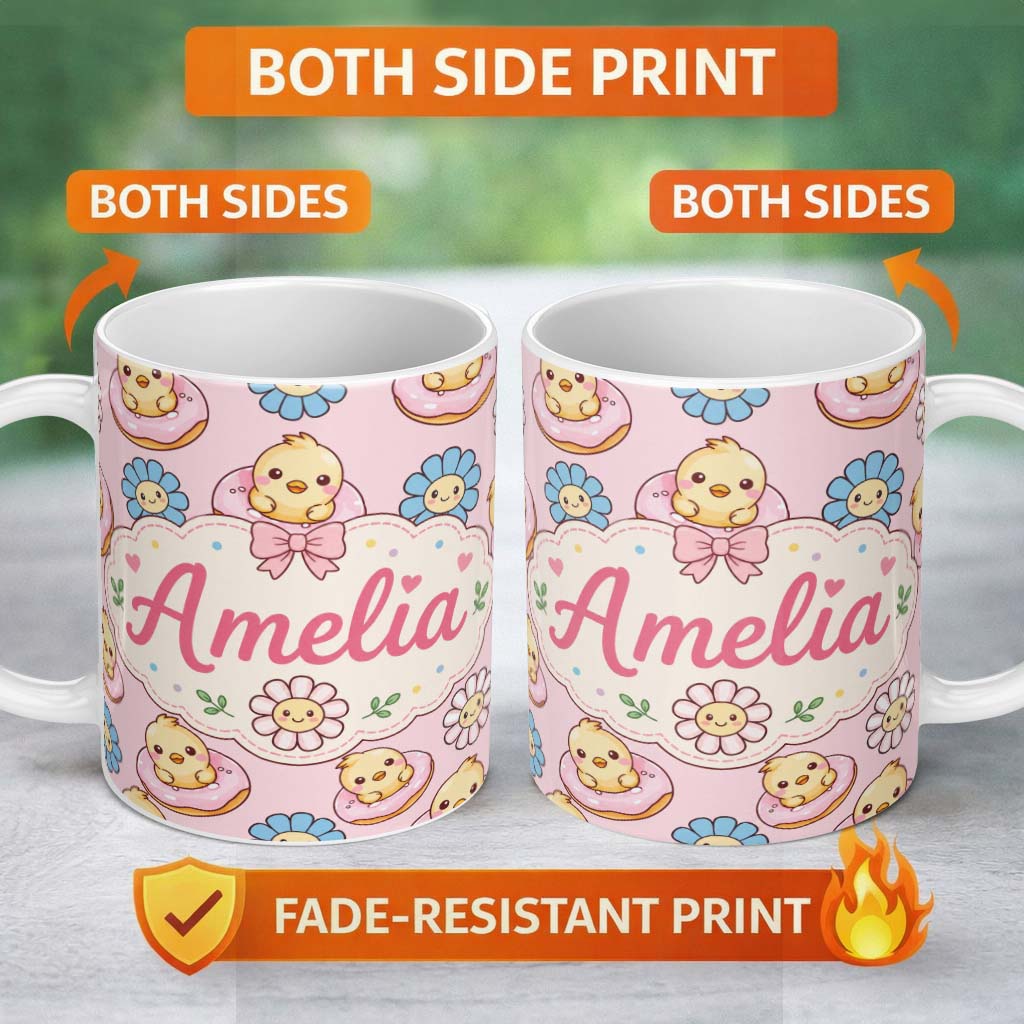 Personalized Custom Name Cute Baby Chick Donut Flowers Seamless Pattern Light Pink Background 11oz Ceramic Coffee Tea Mug White Large Handle