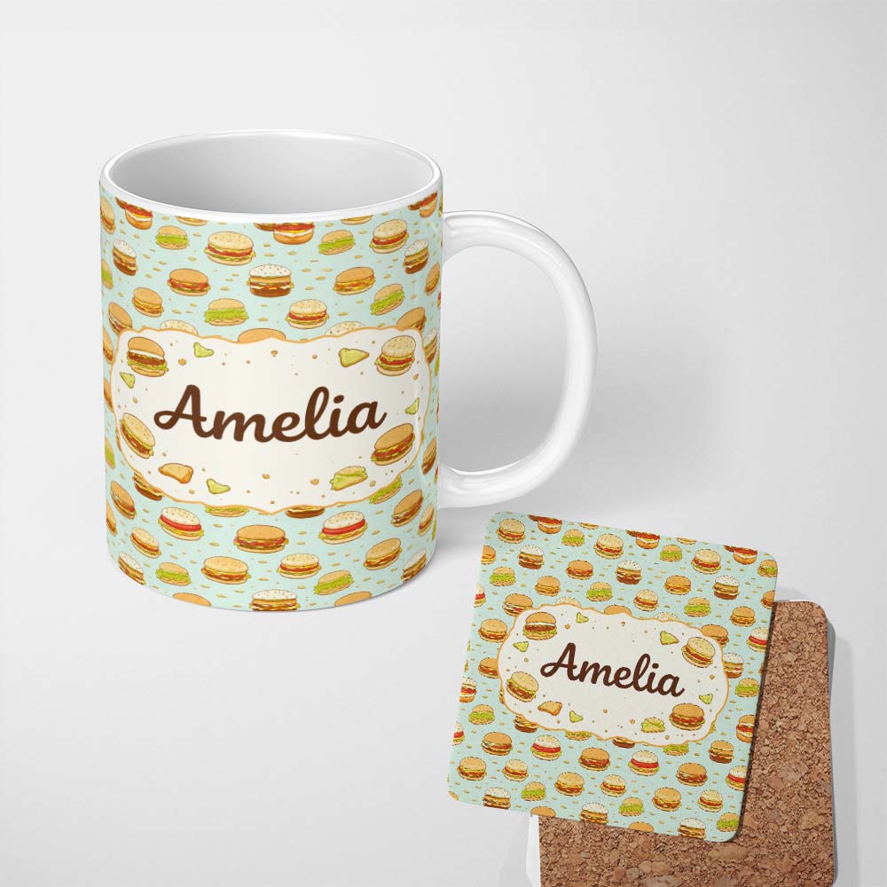 Personalized Custom Name Cute Burger Seamless Pattern Mint Background Fast Food Design Lovely 11oz Ceramic Coffee Tea Mug White Large Handle