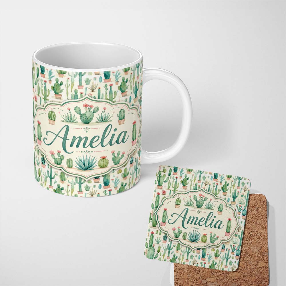Personalized Custom Name Cute Potted Cactus Succulent Collection Pastel Seamless Pattern 11oz Ceramic Coffee Tea Mug White Large Handle