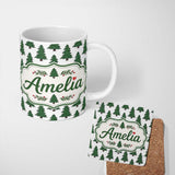 Personalized Custom Name Minimal Hand Drawn Christmas Trees on White Background Seamless 11oz Ceramic Coffee Tea Mug White Large Handle