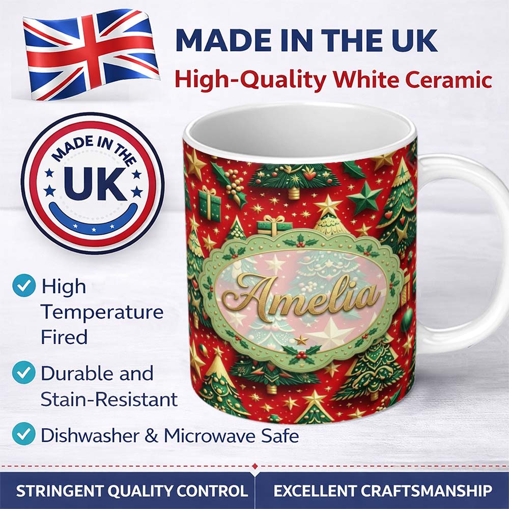 Personalized Custom Name Luxury Christmas Trees with Gold Stars Gifts and Ornaments on Red 11oz Ceramic Coffee Tea Mug White Large Handle