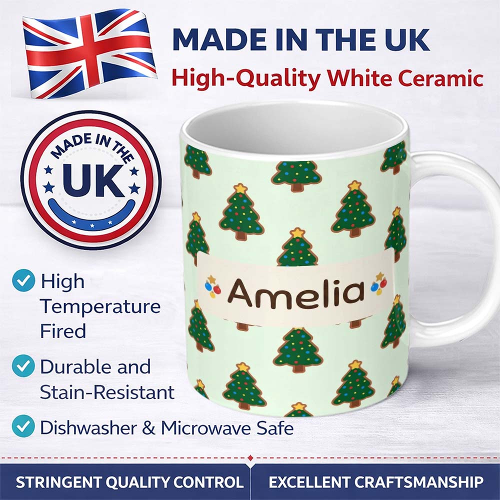 Personalized Custom Name Cute Cartoon Christmas Trees with Colorful Lights Minimal Seamless 11oz Ceramic Coffee Tea Mug White Large Handle