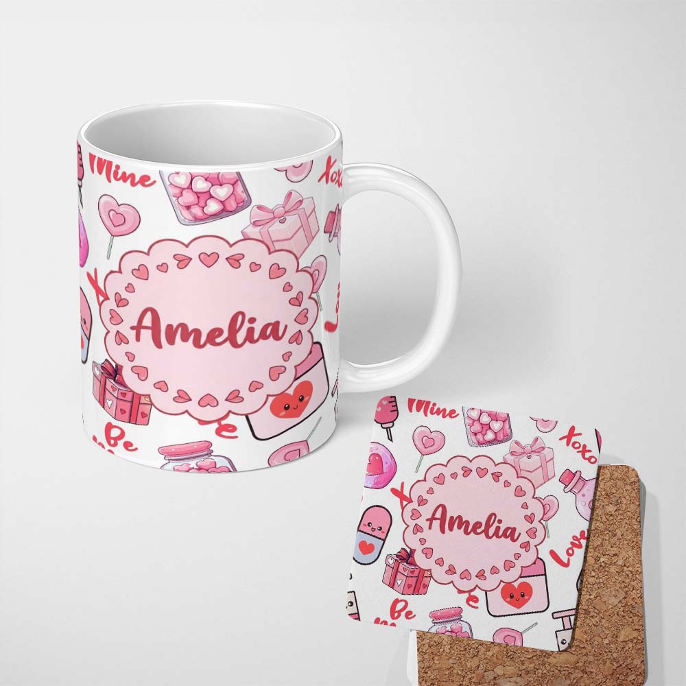 Personalized Custom Name Cute Kawaii Valentine Love Hearts Syringe Gift Calendar White Lovely 11oz Ceramic Coffee Tea Mug White Large Handle