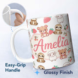 Personalized Custom Name Cute Baby Animals Bear Sheep Sloth Strawberry Cherry Light Grey 11oz Ceramic Coffee Tea Mug White Large Handle