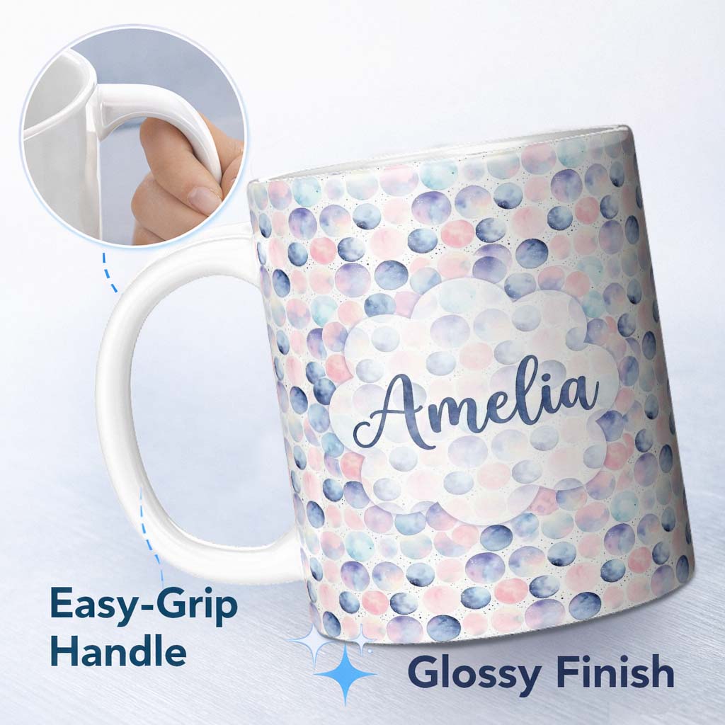 Personalized Custom Name Pastel Watercolor Polka Dot Circles Seamless Pattern Lovely 11oz Ceramic Coffee Tea Mug White Large Handle