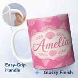 Personalized Custom Name Minimal Pink Seashell Ocean Summer Seamless Pattern Name Cute 11oz Ceramic Coffee Tea Mug White Large Handle
