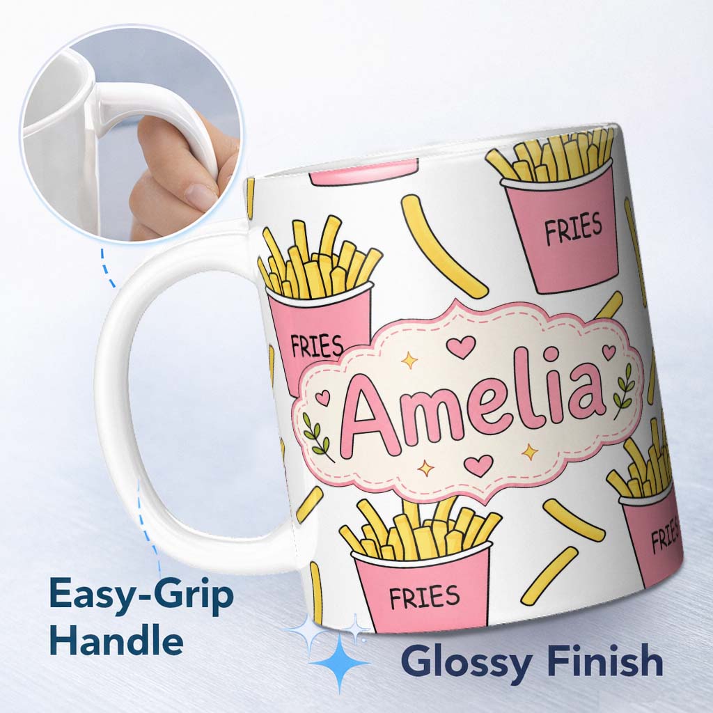 Personalized Custom Name Cute French Fries Cartoon Snack Seamless Pattern Pink Cups Grey 11oz Ceramic Coffee Tea Mug White Large Handle