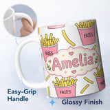 Personalized Custom Name Cute French Fries Cartoon Snack Seamless Pattern Pink Cups Grey 11oz Ceramic Coffee Tea Mug White Large Handle