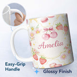 Personalized Custom Name Strawberry Cherry Daisy White Yellow Outline Cute Coquette Floral 11oz Ceramic Coffee Tea Mug White Large Handle