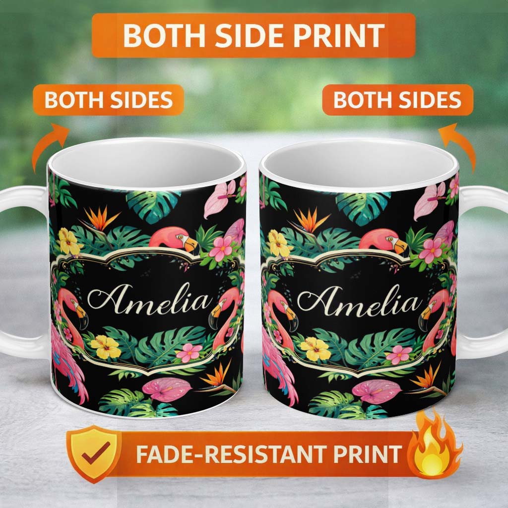 Personalized Custom Name Tropical Flamingo with Hibiscus Flowers and Leaves Black Background 11oz Ceramic Coffee Tea Mug White Large Handle