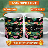 Personalized Custom Name Tropical Flamingo with Hibiscus Flowers and Leaves Black Background 11oz Ceramic Coffee Tea Mug White Large Handle