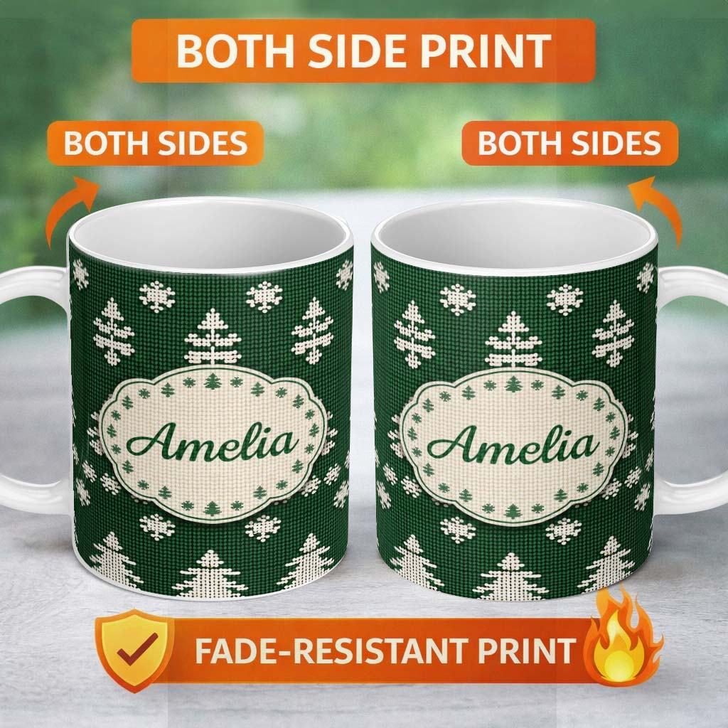 Personalized Custom Name Knitted Nordic Snowflake Christmas Tree Seamless Pattern Lovely 11oz Ceramic Coffee Tea Mug White Large Handle