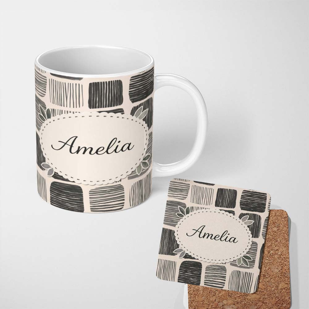 Personalized Custom Name Mixed Stripe Blocks Black Grey Textured Patch Pattern Lovely 11oz Ceramic Coffee Tea Mug White Large Handle