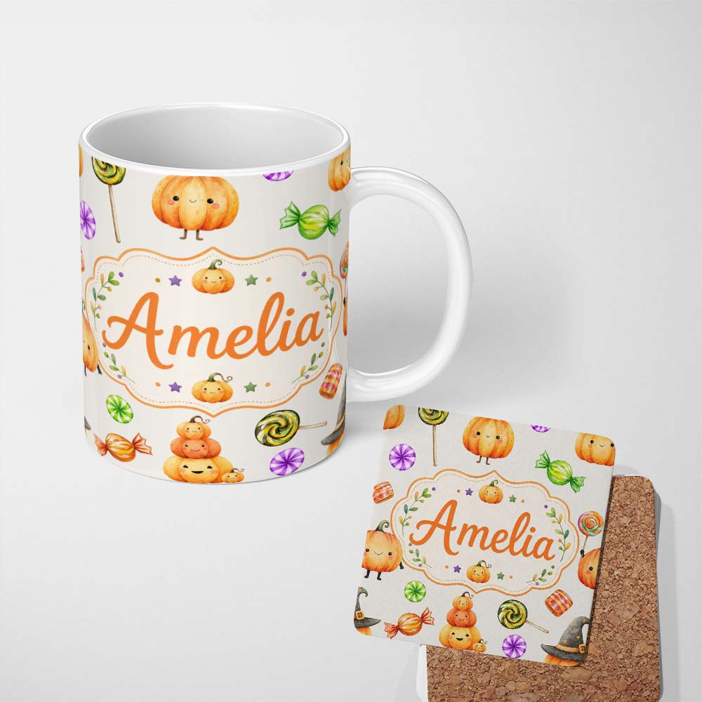 Personalized Custom Name Cute Halloween Pumpkin Candy Characters Neutral Background Seamless 11oz Ceramic Coffee Tea Mug White Large Handle
