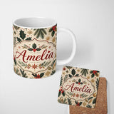 Personalized Custom Name Elegant Christmas Holly Leaves with Berries and Stars Festive Lovely 11oz Ceramic Coffee Tea Mug White Large Handle
