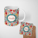 Personalized Custom Name Holiday Bells Bows Stockings Candy Cane Christmas Seamless Pattern 11oz Ceramic Coffee Tea Mug White Large Handle